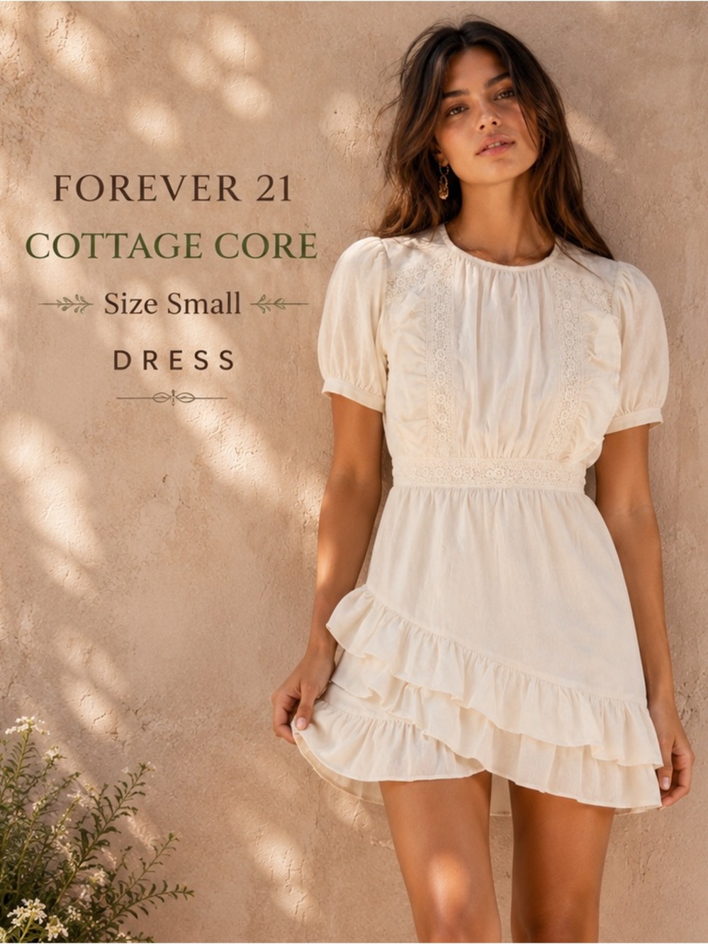 🤎 Forever 21 Cottagecore Lace Ruffle Mini Dress Small Cream